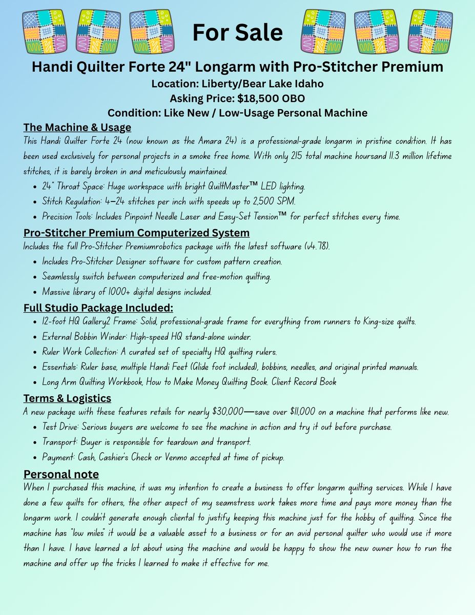 Handi Quilter Forte Longarm W/ 12' Table