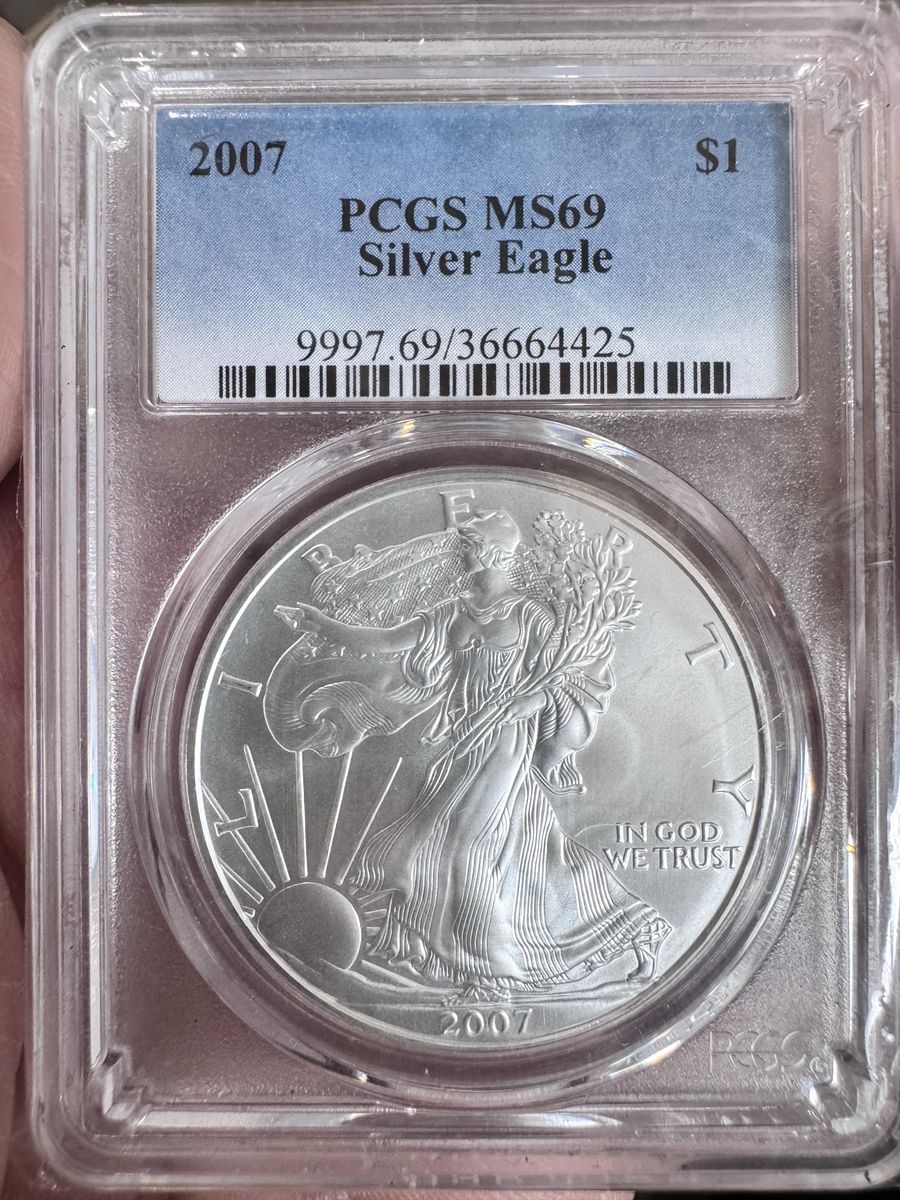 2007 Silver Eagle PCGS MS69 .999 Fine Silver $1 Bullion Coin - blue slab is rare