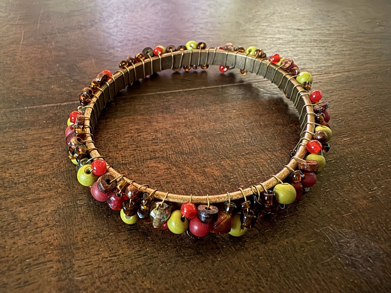 Wire Strung Beads on Metal Bangle Bracelet