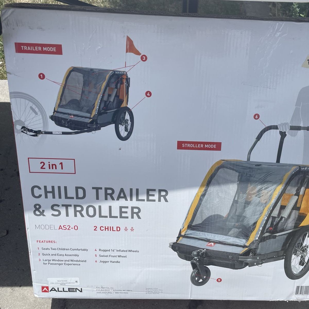 New Allen AS2-0 2-in-1 Child Bike Trailer & Stroller - Seats 2, Jogger Handle, 16" Wheels