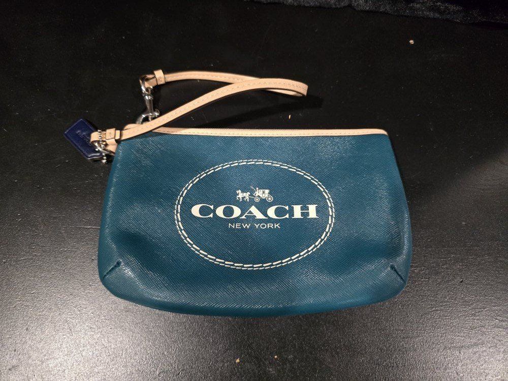 Coach New York Teal Leather Wristlet Pouch with Logo - Compact & Stylish