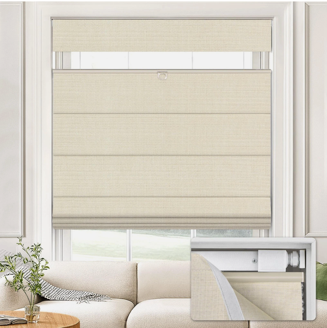 UNISHADES No Drill Top Down Bottom Up Roman Shade 35x64 Beige 100% Blackout