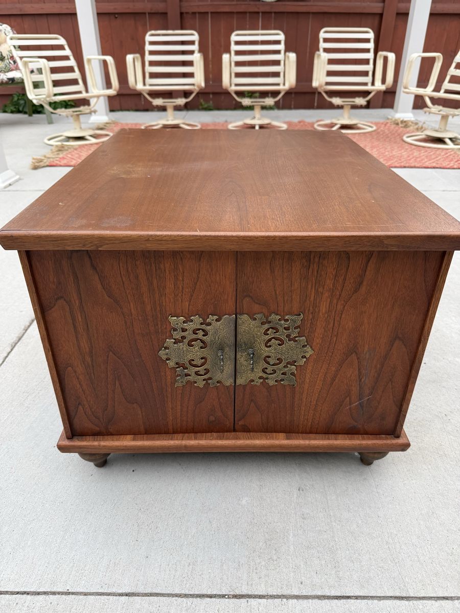 Vintage Mid Century Walnut Commode Table Cabinet with Brass Hardware