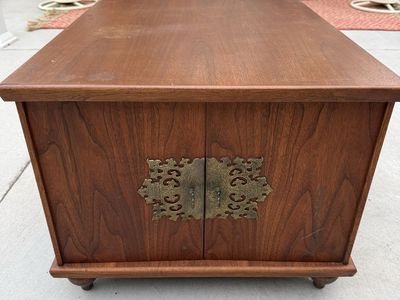 Vintage Mid Century Walnut Commode Table Cabinet with Brass Hardware