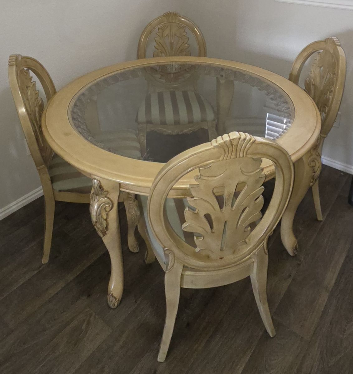 Wooden Round Dining Table With Glass Inset + 4 upholstered chairs
