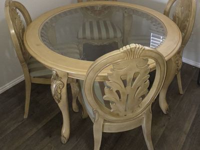 Wooden Round Dining Table With Glass Inset + 4 upholstered chairs