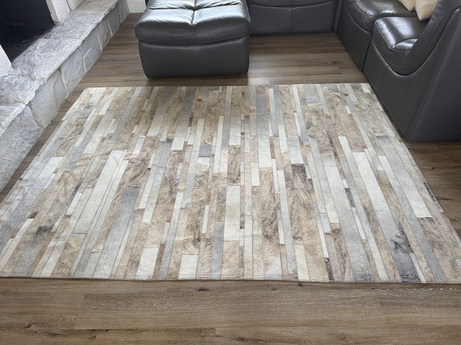 Modern Patchwork Cowhide Area Rug - Neutral Gray, Beige, and White