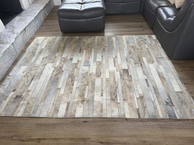 Modern Patchwork Cowhide Area Rug - Neutral Gray, Beige, and White