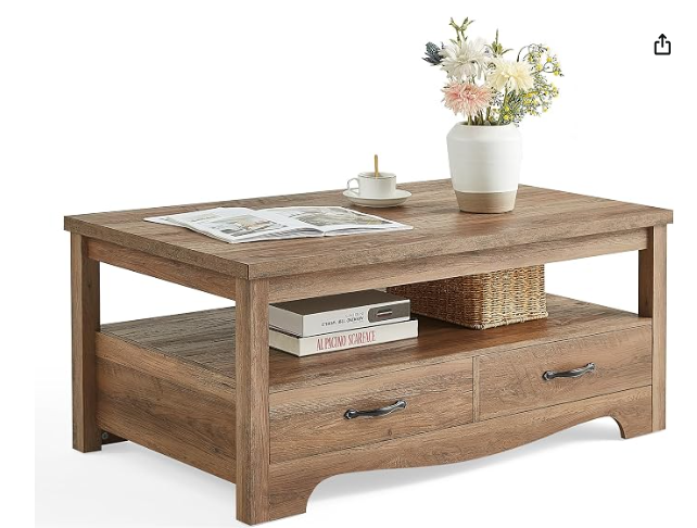 LINSY HOME Farmhouse Coffee Table with Storage, Wood Coffee Table for Living Room, Open Display Area and Storage Drawers 