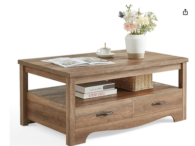 LINSY HOME Farmhouse Coffee Table with Storage, Wood Coffee Table for Living Room, Open Display Area and Storage Drawers