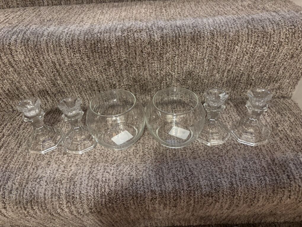 4 Glass Candelsticks And 2 Glass Bowls/Vases