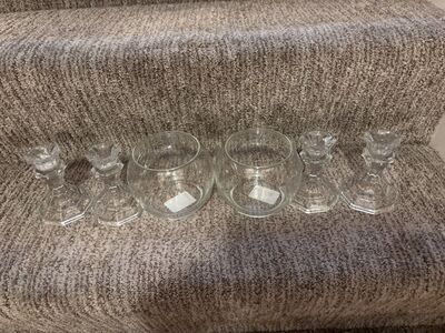 4 Glass Candelsticks And 2 Glass Bowls/Vases