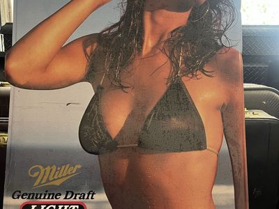 VINTAGE COLD GOLD MILLER GENUINE DRAFT LIGHT SEXY BIKINI GIRL TIN STAMPED METAL SIGN