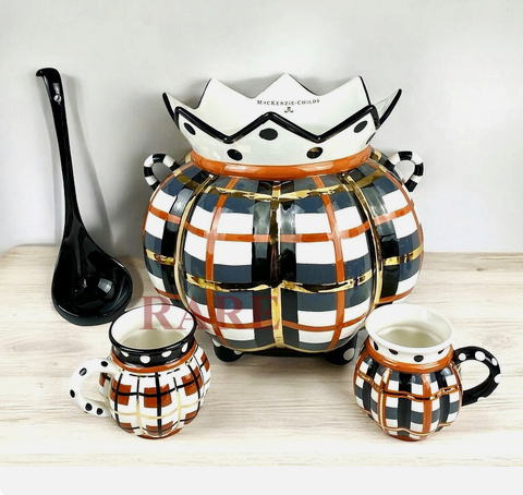 MacKenzie-Childs Tartan Spice Punch Bowl Set with Mugs and Ladle NEW