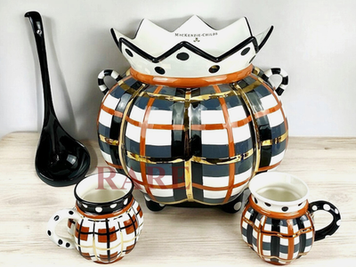MacKenzie-Childs Tartan Spice Punch Bowl Set with Mugs and Ladle NEW