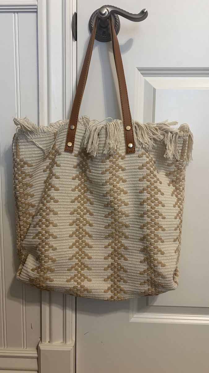 Woven Tote Bag with Brown Pattern and Fringe Detail