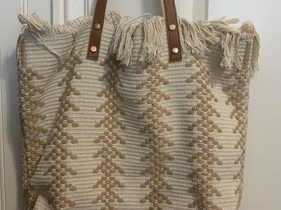 Woven Tote Bag with Brown Pattern and Fringe Detail