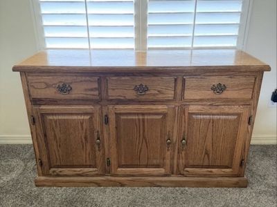 Solid Wood Cabinet with 3 Drawers & 3 Cabinets, Medium Oak Finish, Excellent Condition
