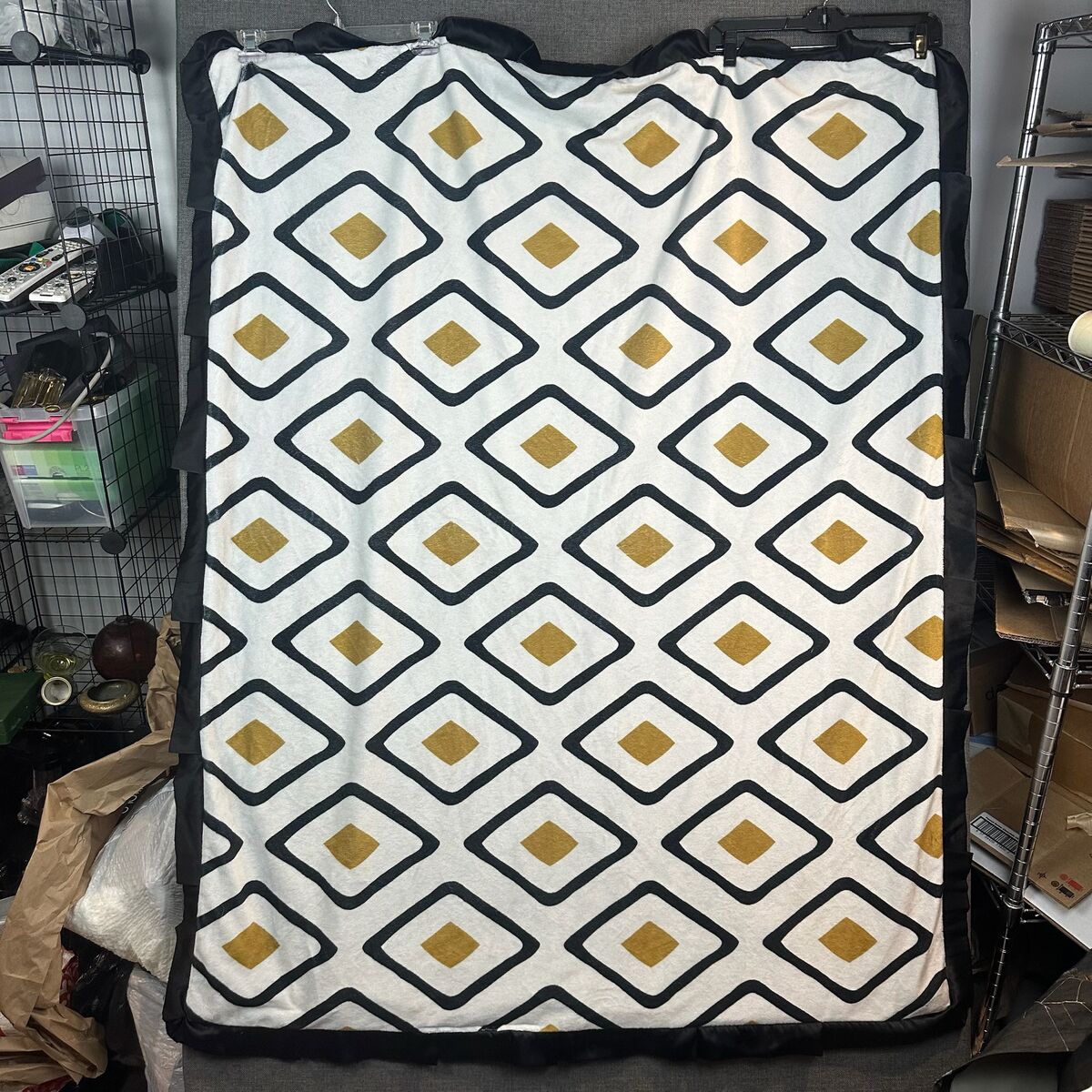 Minky Couture Plush Blanket Geometric Diamond Black Gold White Cozy Luxury