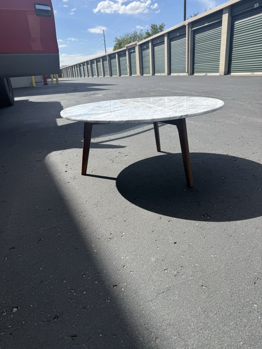 Modern Round White Marble Top Coffee Table with Wooden Legs