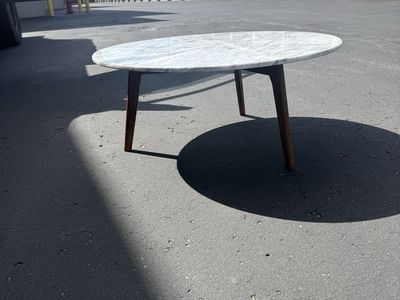 Modern Round White Marble Top Coffee Table with Wooden Legs