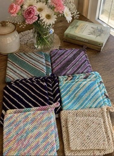 Handmade Crocheted Cotton Potholders - 6 Sets, Multicolor Striped & Solid Designs