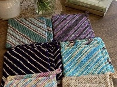 Handmade Crocheted Cotton Potholders - 6 Sets, Multicolor Striped & Solid Designs