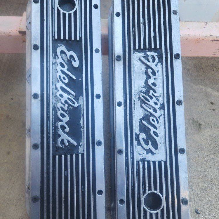 Vintage Edelbrock Finned Aluminum Valve Covers Pair Tall