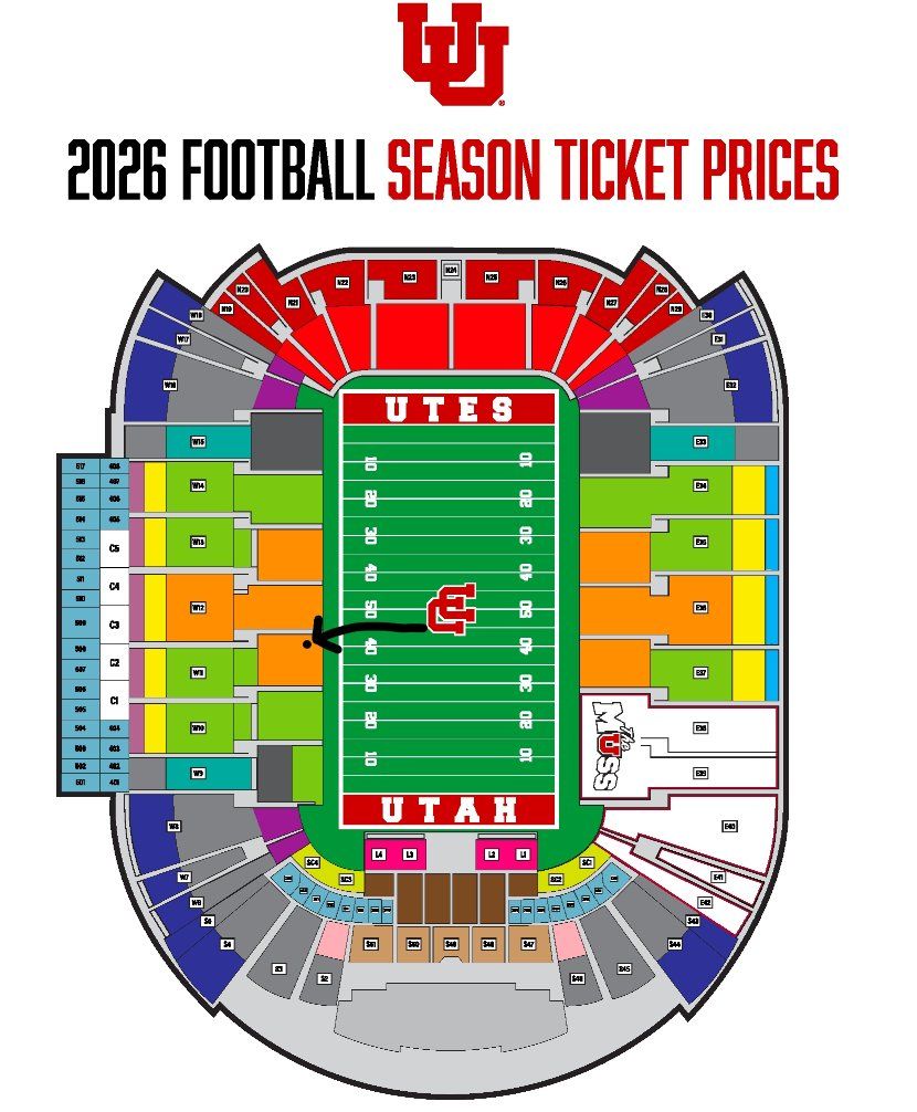Utah Football Season Tickets - Row 6, 40 yd line, West side - Premium Chair Seats
