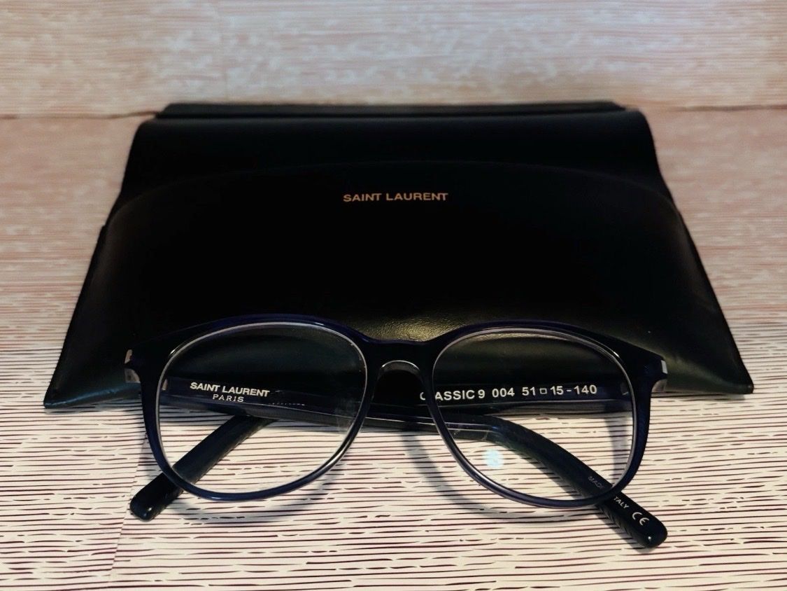 YVES SAINT LAURENT, BLUE EYE GLASS FRAMES(only!) w/LUXURIOUS BLACK LEATHER CASE