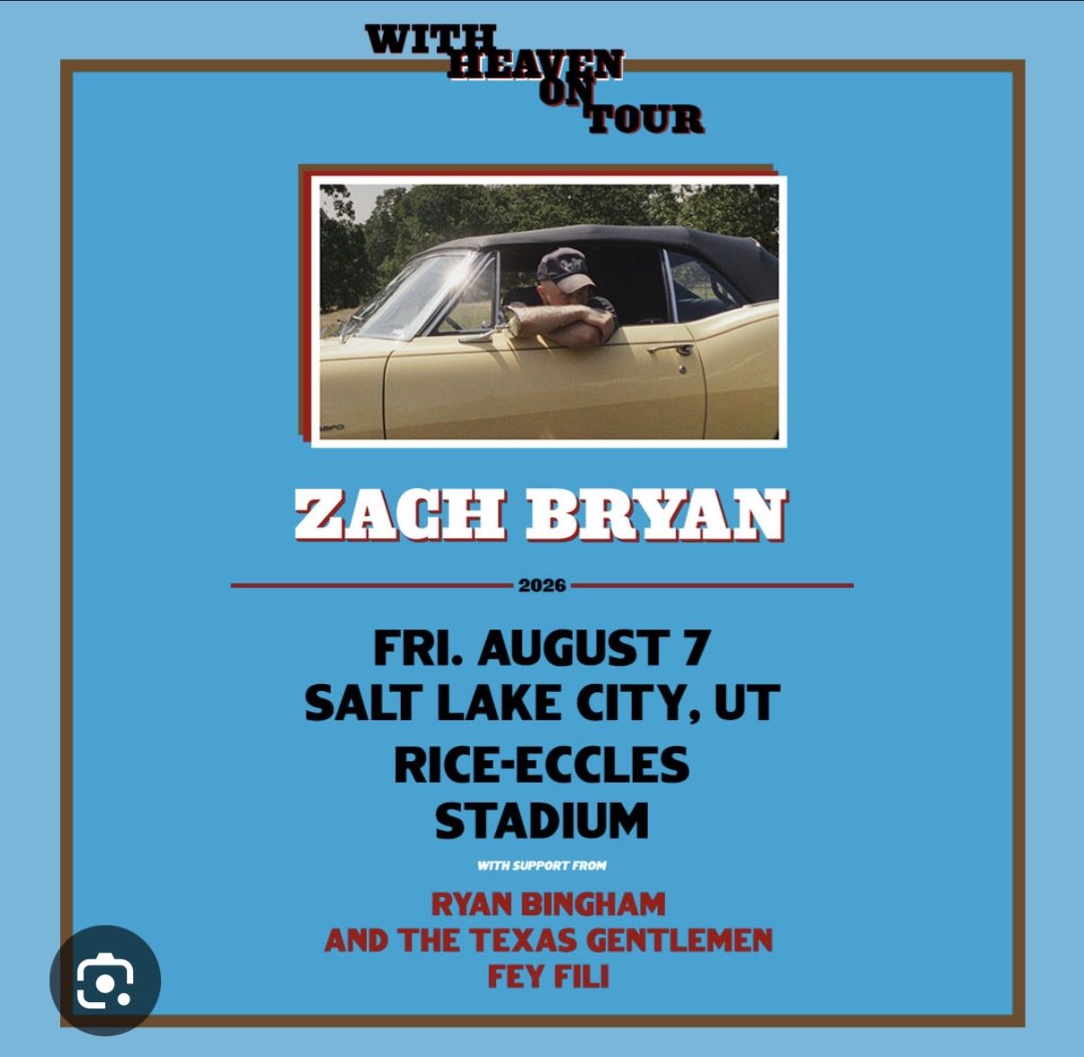 4 Zach Bryan Tickets - Rice Eccles Stadium - Aug 7, 2026 - Sec W09, Row 2 (Seats 20-23)