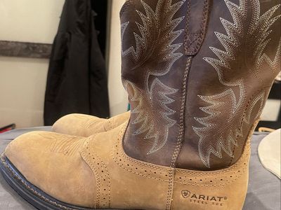 Justin and Ariat Original Workboots Men's Steel Toe Cowboy Boots, Leather, Brown/Olive, Size 11 Wide