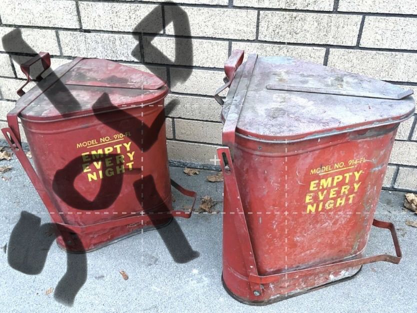 Vintage, rag disposal cans by Eagle. “Empty Every Night” print Vintage  trash can automotive car repair workshop antique