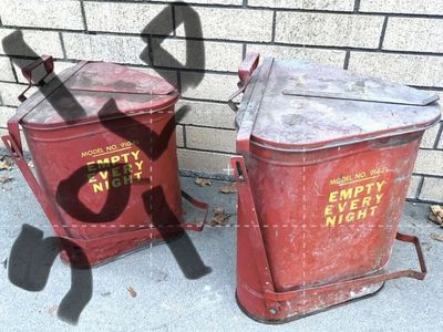 Vintage, rag disposal cans by Eagle. “Empty Every Night” print Vintage trash can automotive car repair workshop antique