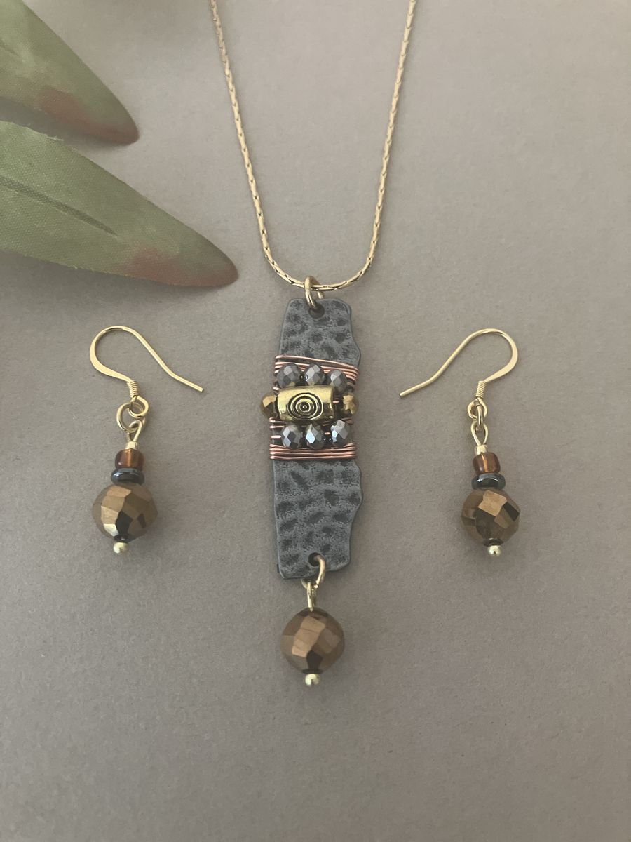 Unique Mixed Metal Pendant Necklace and Matching Dangle Earrings