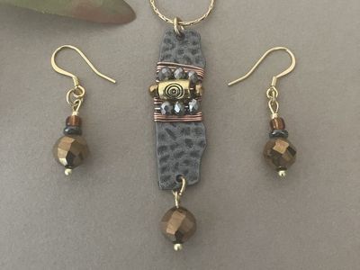 Unique Mixed Metal Pendant Necklace and Matching Dangle Earrings