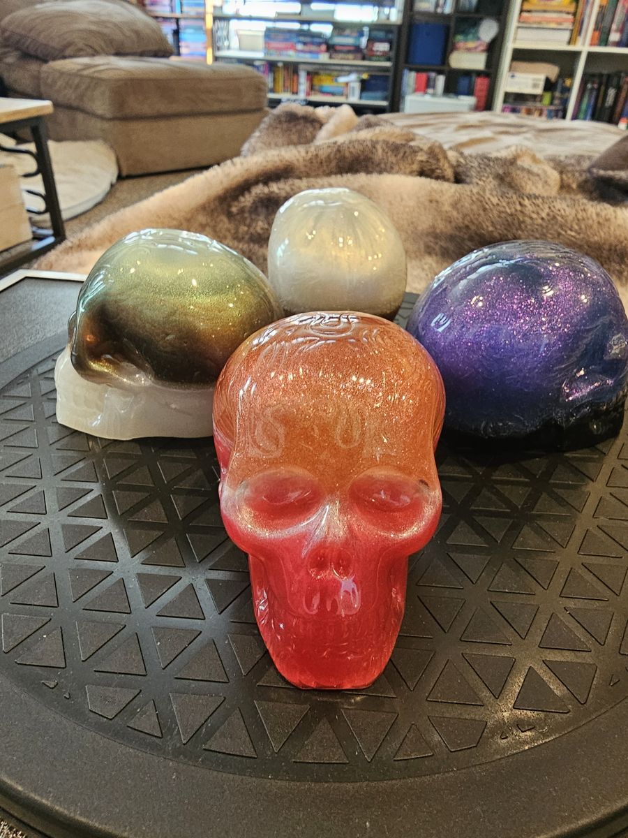 Set of 4 Handcrafted Glitter Resin Skull Decor Statues