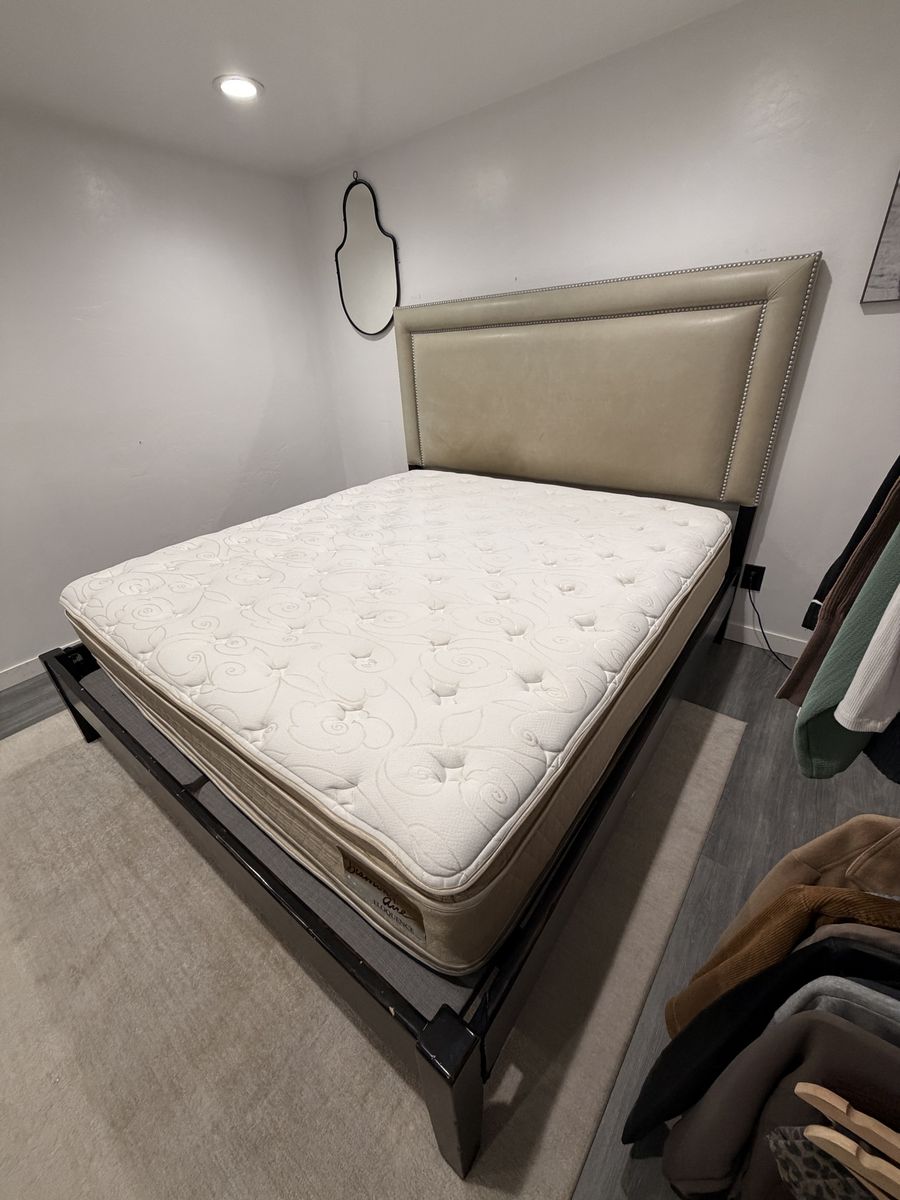 King Size Bed Frame & Mattress - Cream Tufted Headboard