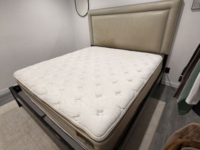 King Size Bed Frame & Mattress - Cream Tufted Headboard