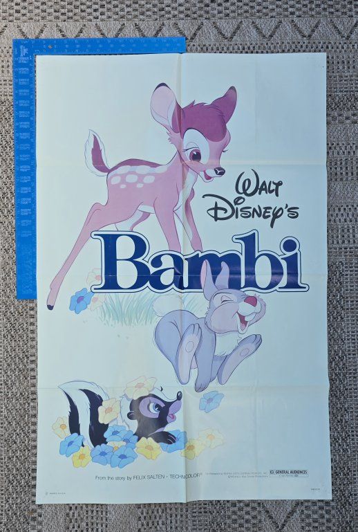 Vintage Walt Disney's Bambi Movie Poster Original General Audiences Felix Salten Technicolor