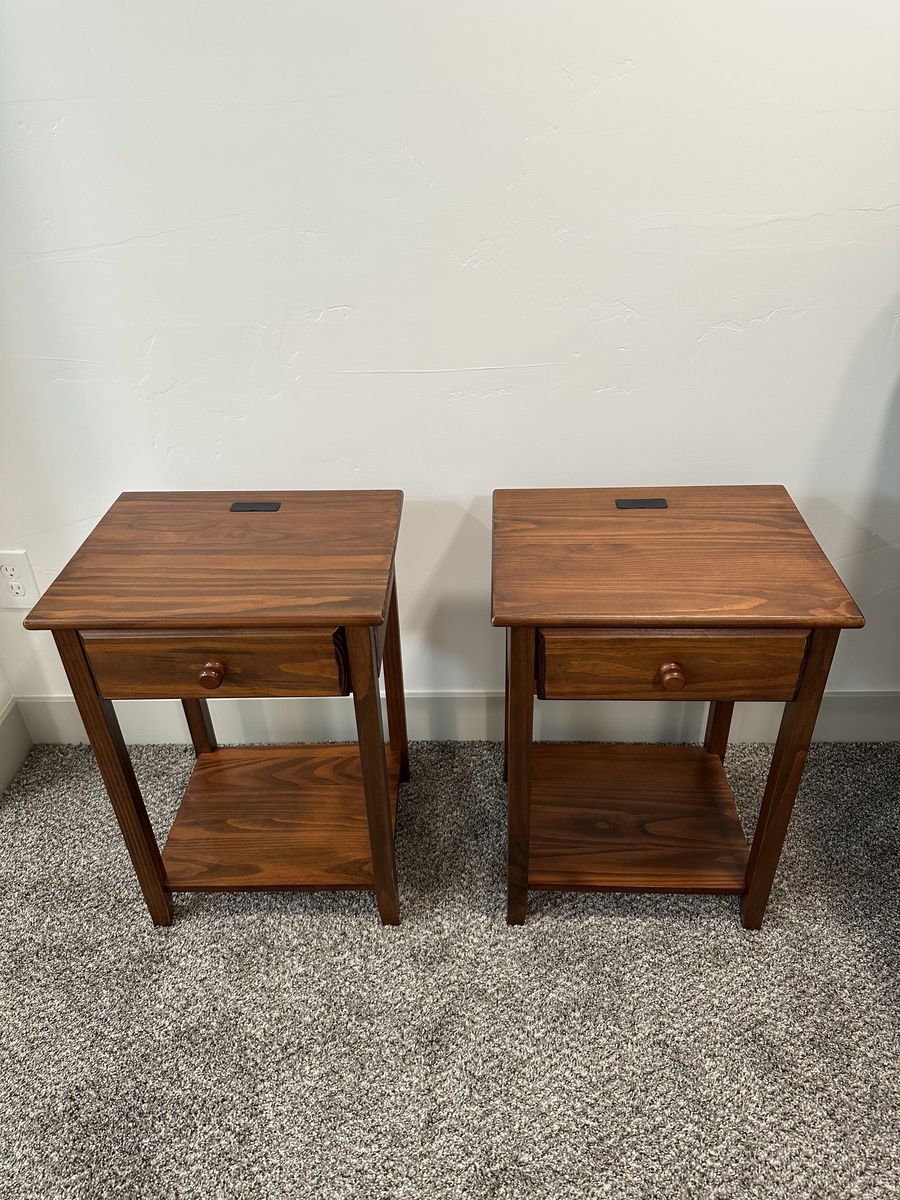 Pair of Wood Nightstands with Drawer and Bottom Shelf, USB Charging