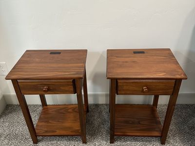 Pair of Wood Nightstands with Drawer and Bottom Shelf, USB Charging