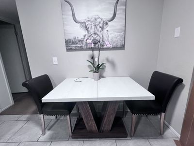Beautiful 2-Seat Dining Set: White Table & brown Faux Leather 🪑 chairs