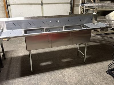 New 90” 3 compartment sink 2 drain board 18”X18”x12'' Deep each compartment NSF