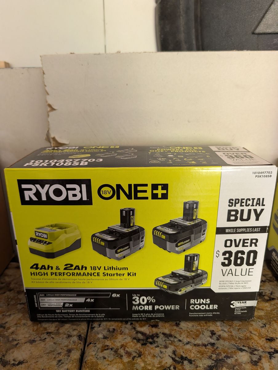 Ryobi ONE+ 18V HP Starter Kit: 1x 2.0Ah 2Ah, 2x 4.0Ah 4Ah Batteries & Charger PSK108SB