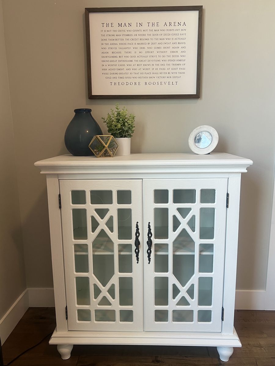 OOAK Upcycled White Accent Cabinet with Geometric Glass Doors