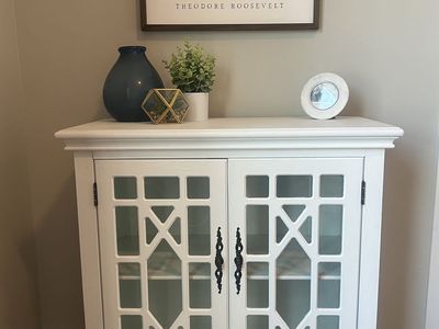OOAK Upcycled White Accent Cabinet with Geometric Glass Doors