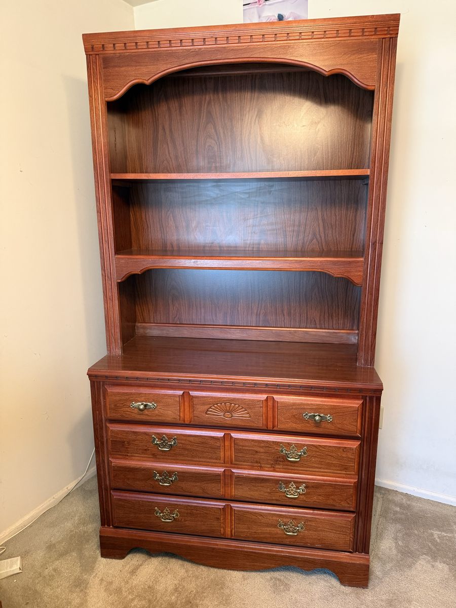 Vintage Broyhill Wooden Hutch Cabinet with Shelves and Drawers