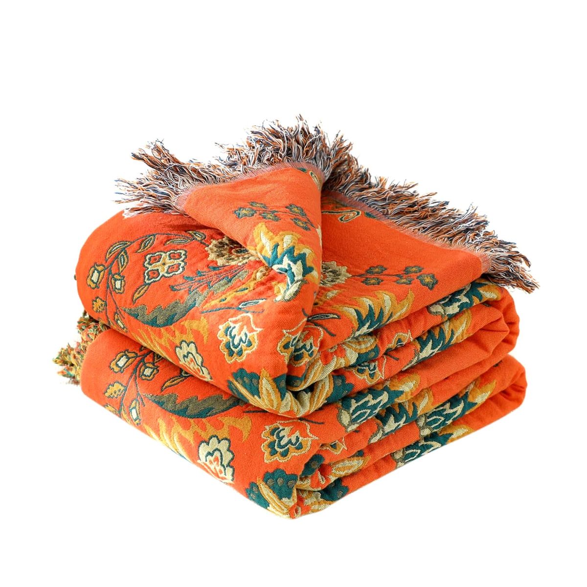 Bohemian Orange Reversible Floral Tassel Throw Blanket - Ultra Soft & Durable