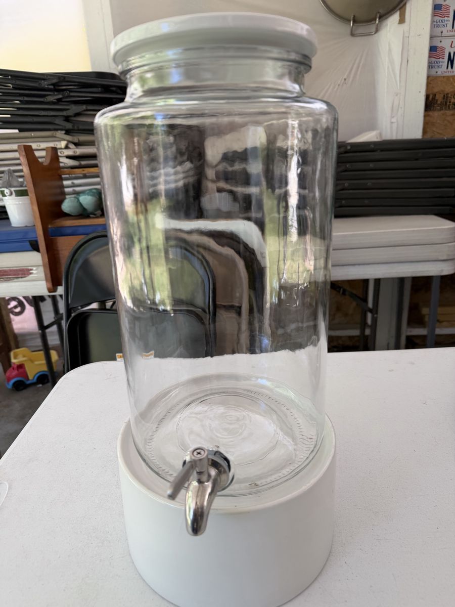 Glass Beverage Dispenser with White Ceramic Base and Spigot